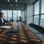39 businessperson at glass office desk with diagonal blinds shadow - Slik regulerer du immaterielle rettigheter og resultater i samarbeidsav...