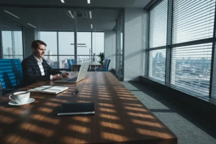 39 businessperson at glass office desk with diagonal blinds shadow - Slik regulerer du immaterielle rettigheter og resultater i samarbeidsav...