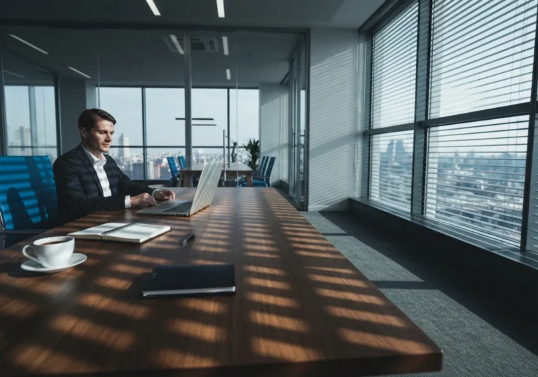39 businessperson at glass office desk with diagonal blinds shadow - Slik regulerer du immaterielle rettigheter og resultater i samarbeidsav...