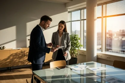 39 golden rim light on woman in nordic office - Komplett guide til B2B-salg: steg for steg