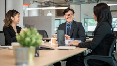 Happy businessman and woman listening to coworker 2026 03 05 11 52 10 utc - Profesjonell kommunikasjon i helse- og omsorgsyrker